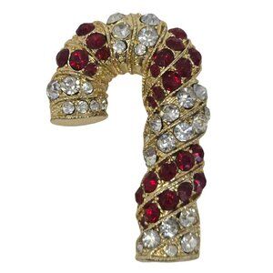 Monet Vintage Candy Cane Brooch Red and Clear Rhinestone Holiday Pin